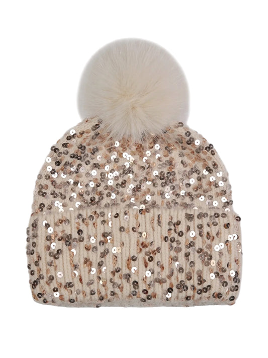Sequin Cashmere Blend Bobble Hat In Beige