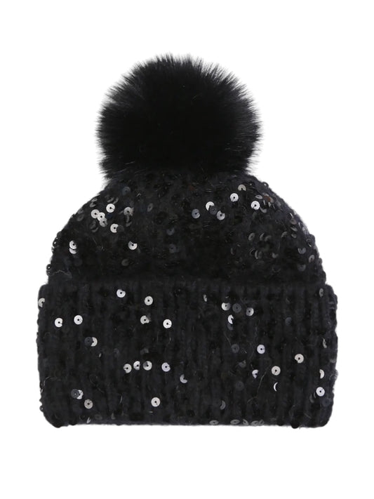 Sequin Cashmere Blend Bobble Hat In Black