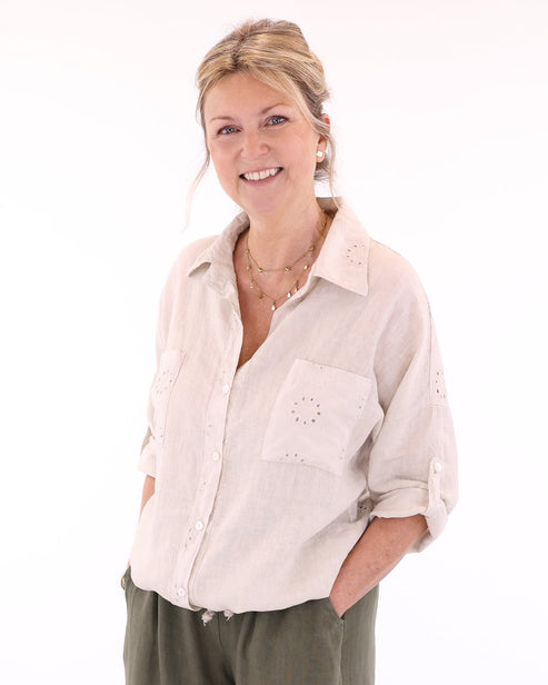 Linen and Broderie Shirt In Cream