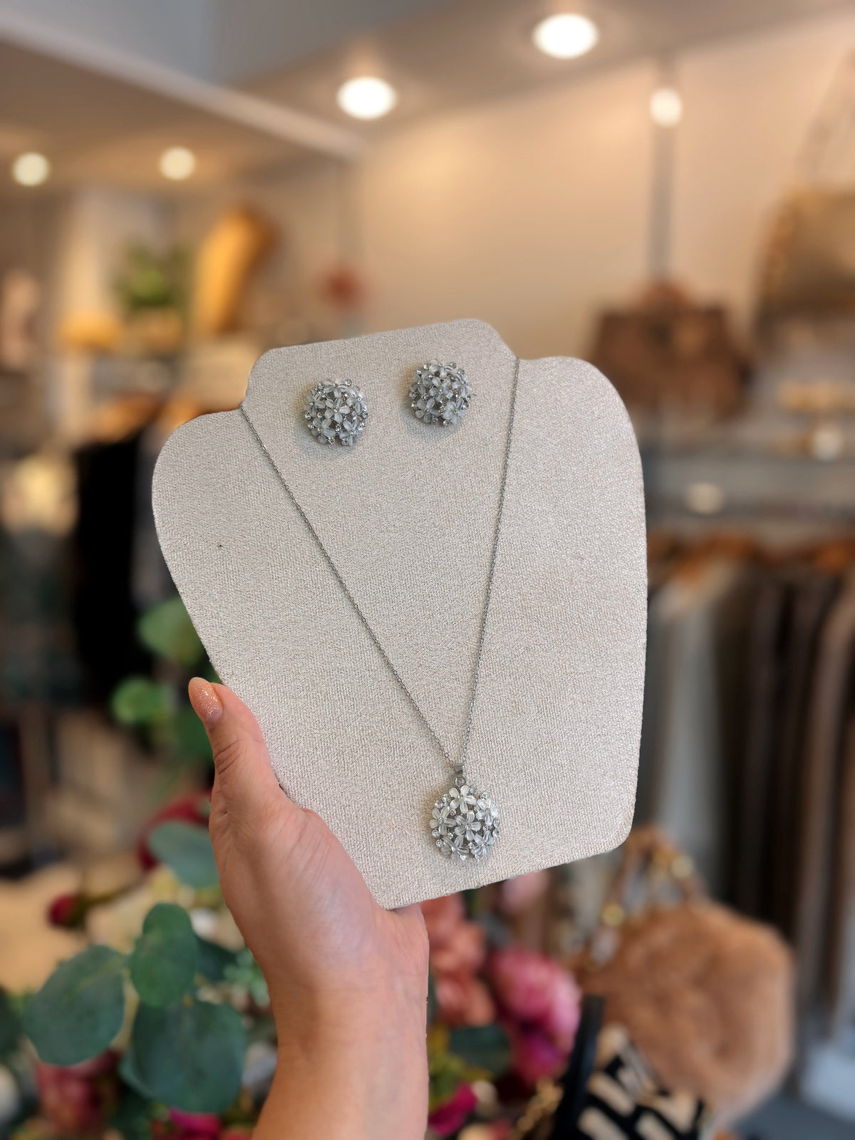 Flower Cluster Crystal Silver Necklace & Earrings Set