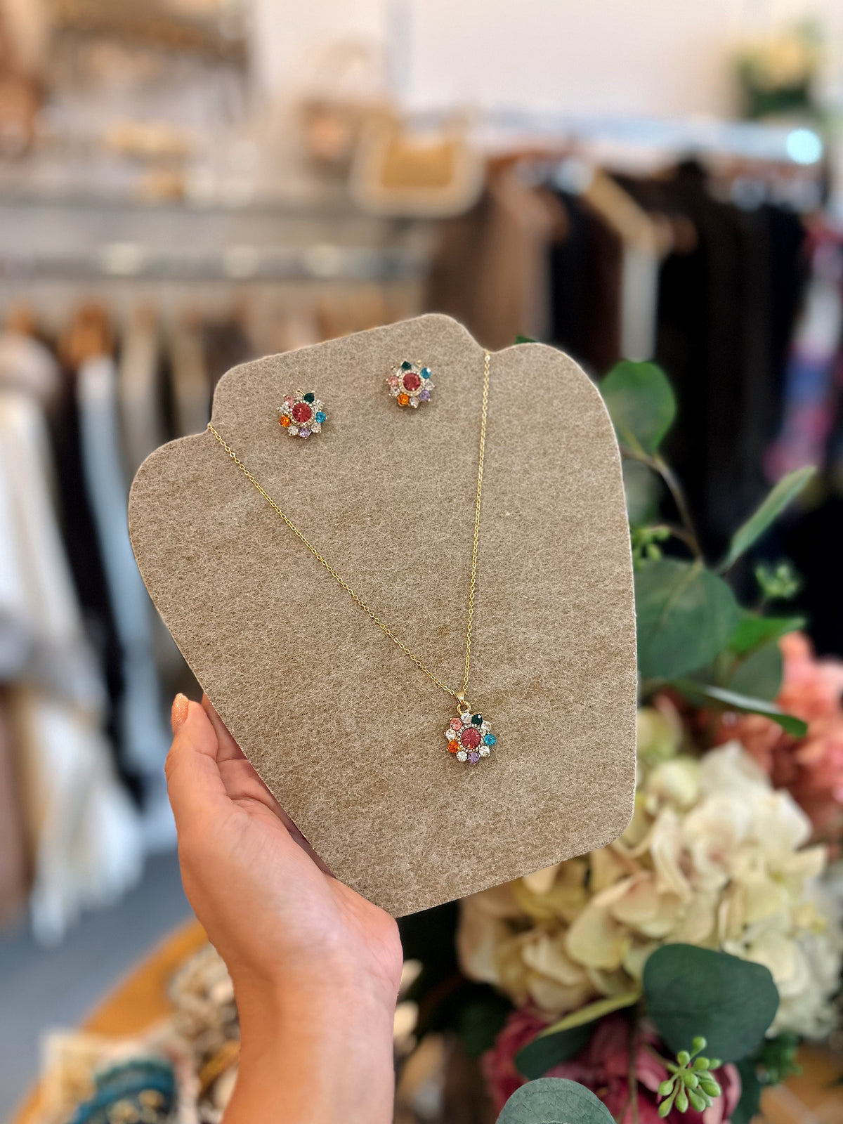 Flower Cluster Crystal Multicolour Necklace & Earrings Set