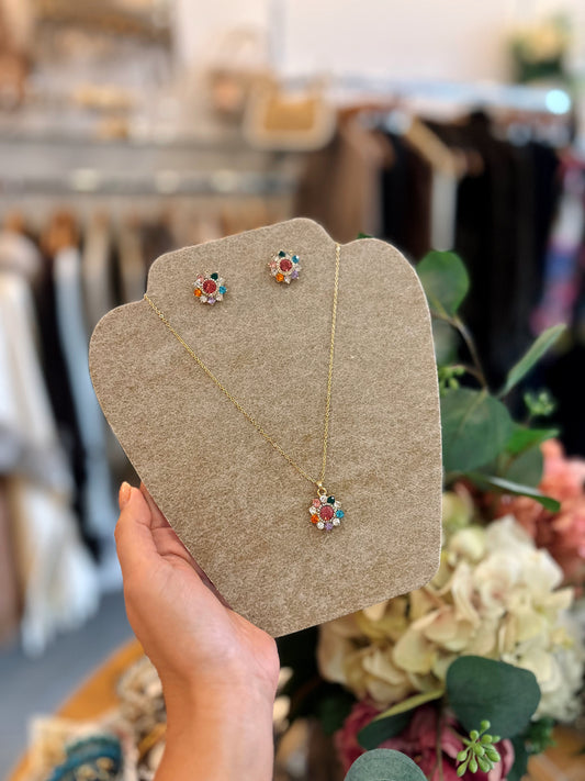 Flower Cluster Crystal Multicolour Necklace & Earrings Set