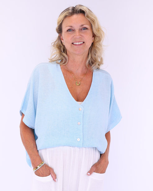 Linen and Cotton Blend Short Sleeve Cardi In Baby Blue