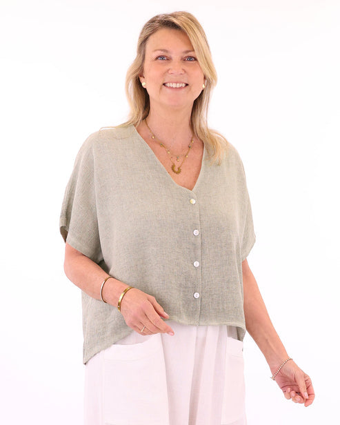 Linen and Cotton Blend Short Sleeve Cardi In Sage Green
