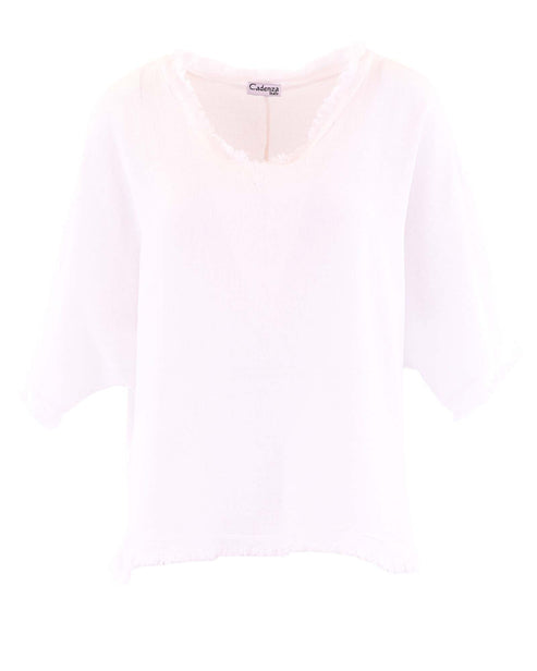 Linen and Cotton Frill Tunic Top In White