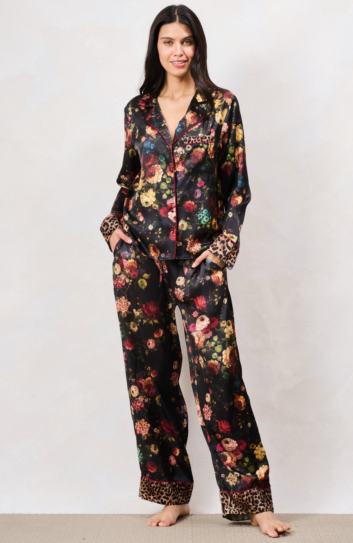 Hope & Ivy Floral & Leopard Print Satin Pj Set