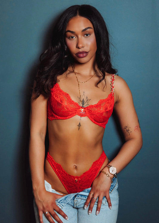 Scarlett Red Flower Strap Underwired Lingerie Set