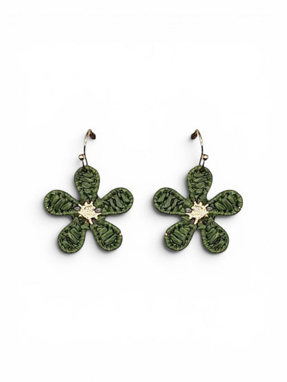 Olive Green Mini Raffia Hook Flower Earrings