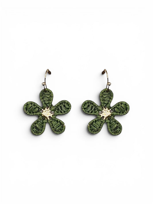 Olive Green Mini Raffia Hook Flower Earrings