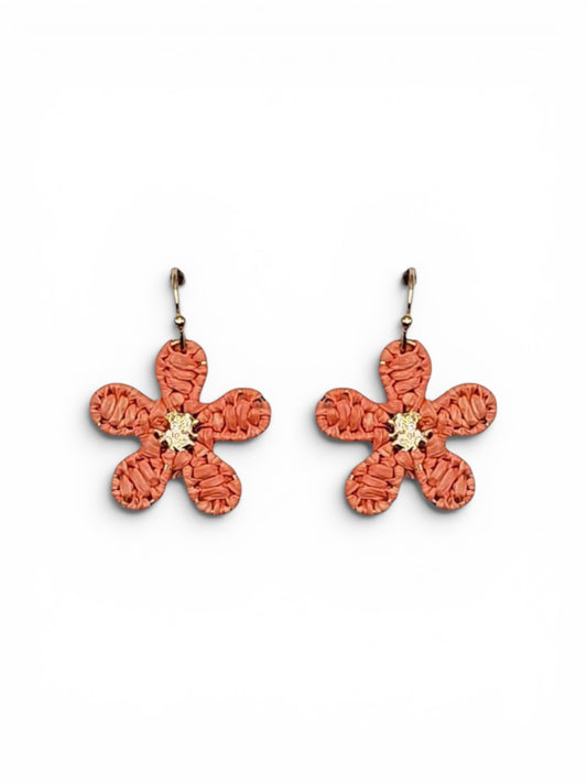 Coral Mini Raffia Hook Flower Earrings