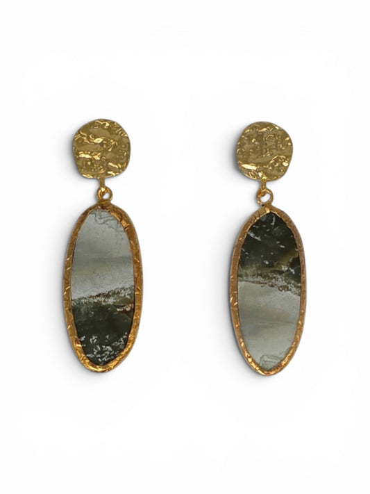 Moss Agate Long Oval Drop Earrings