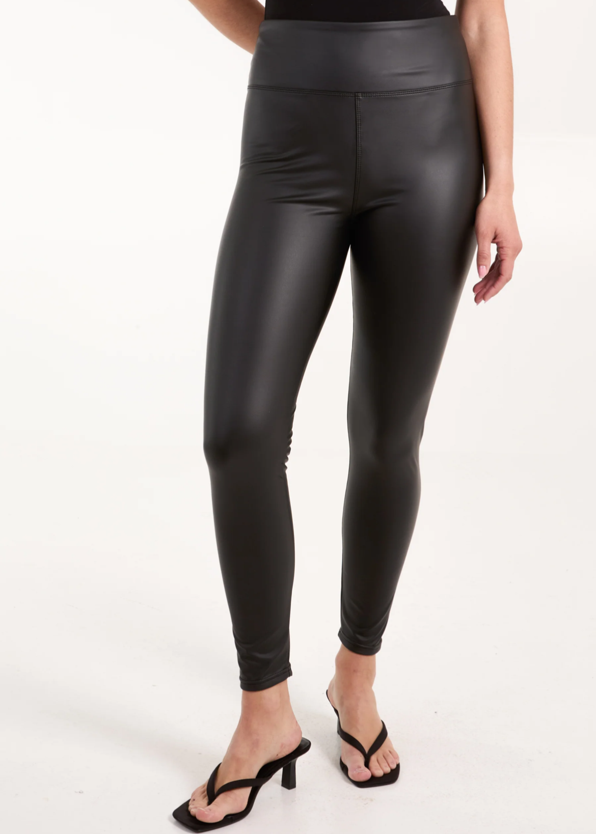 Black Leather Look Thick Waistband Leggings