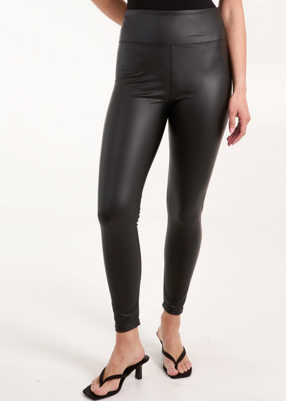 Black Leather Look Thick Waistband Leggings