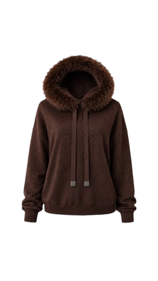 Malissa J Faux Fur Hood Sparkly Hoodie In Brown