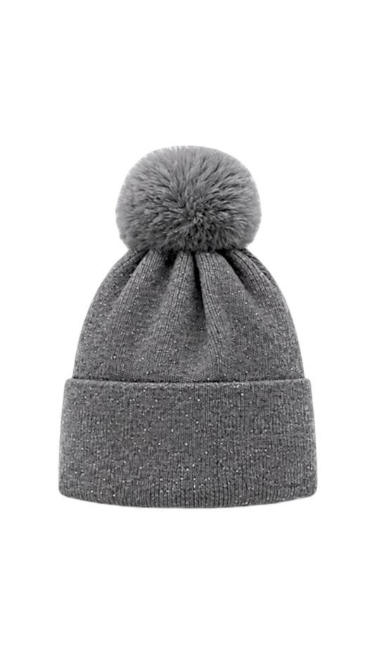 Fur Lined Sparkle Bobble Hat In Grey