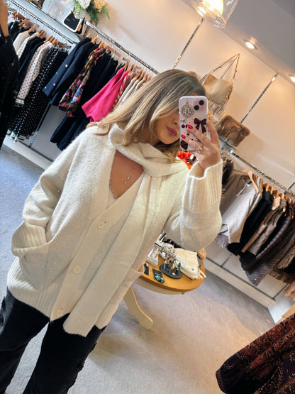 Cream Sparkle Cardigan With Build In Scarf