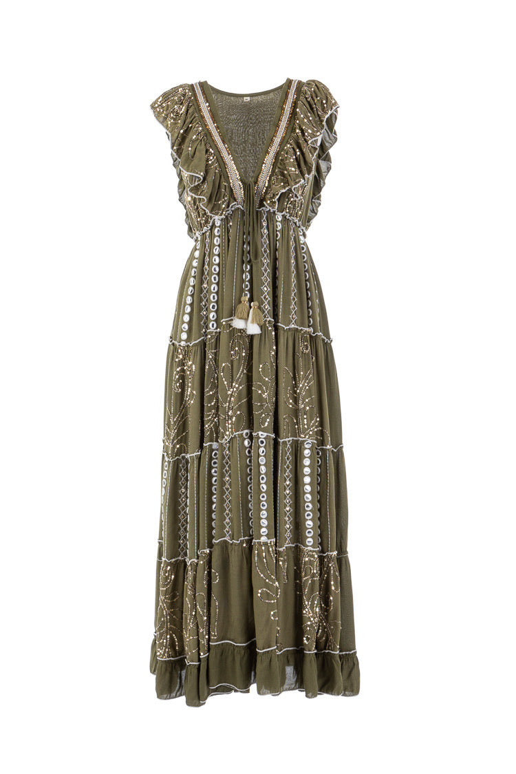 Alex Max Embellished Maxi Dress In Khaki