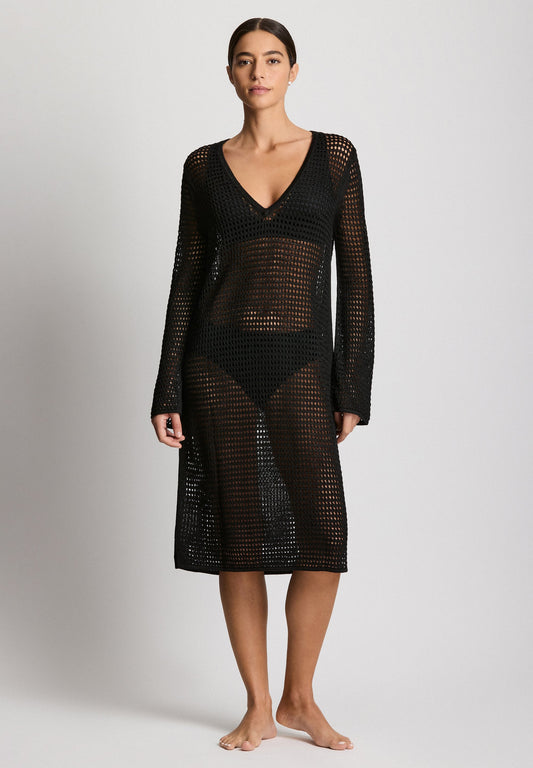 Ralph Lauren Crochet Long Sleeve Beach Dress In Black