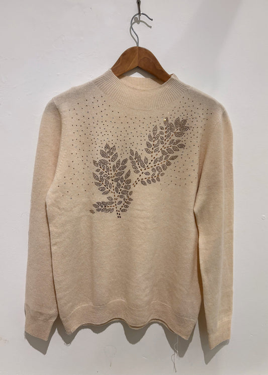 Merino Wool Embellished Leaf Jumper In Cream