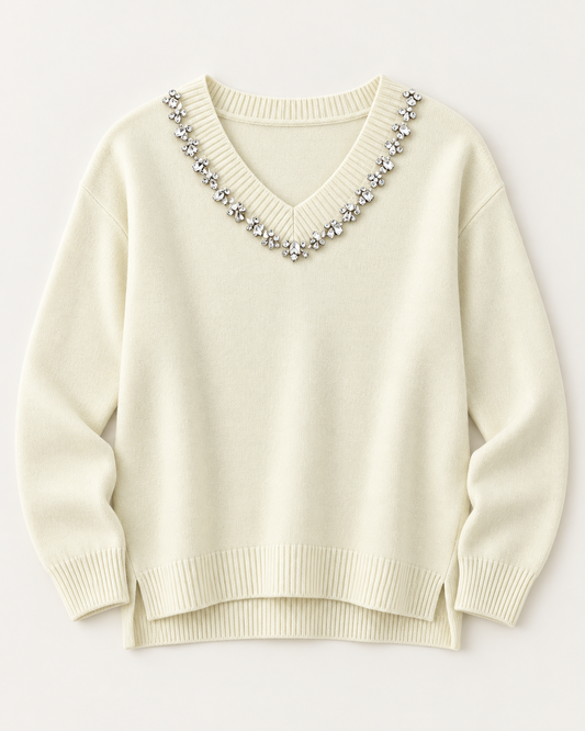 Jewel V Neck Jumper In Cream