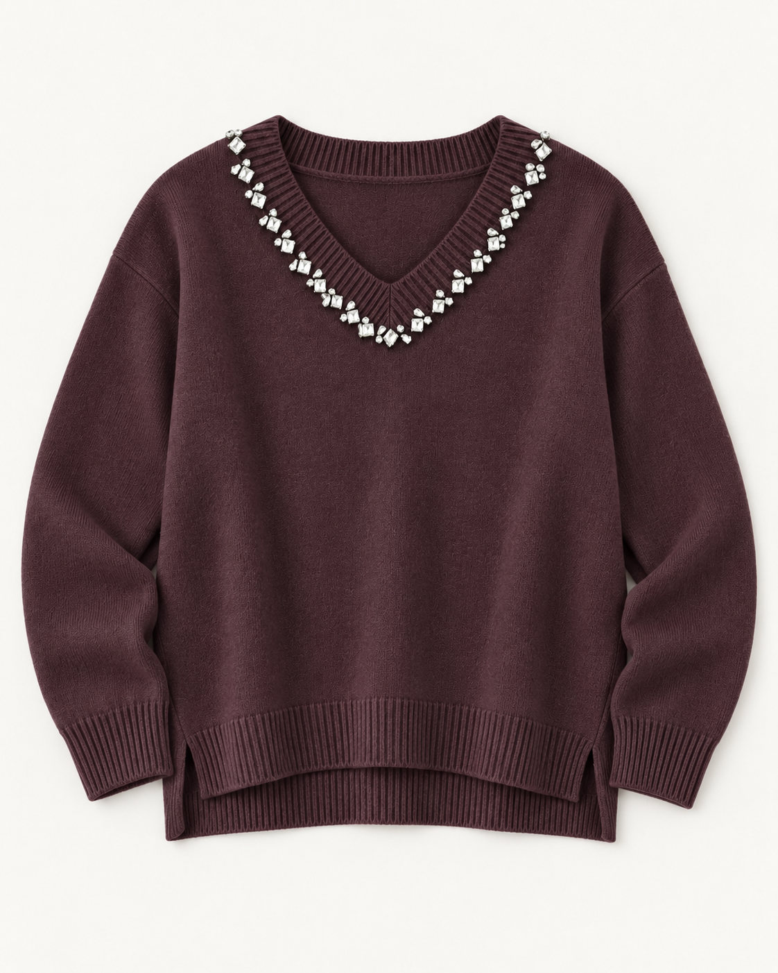 KM Embellished V Neck Jumper In Maroon