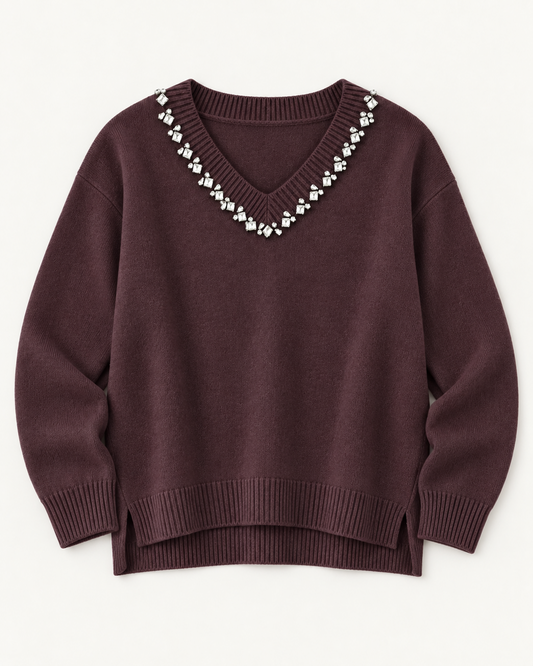 Jewel V Neck Jumper In Maroon