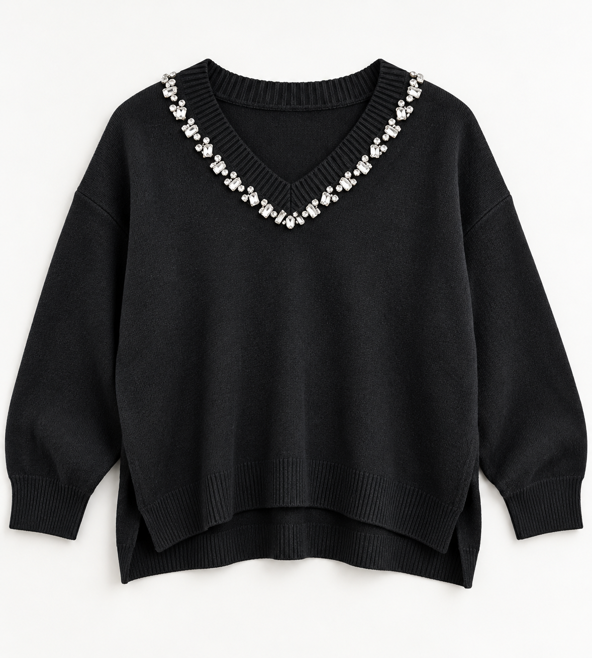 KM Embellished V Neck Jumper In Black