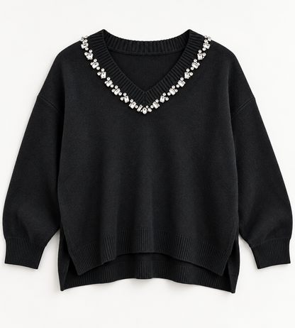 KM Embellished V Neck Jumper In Black
