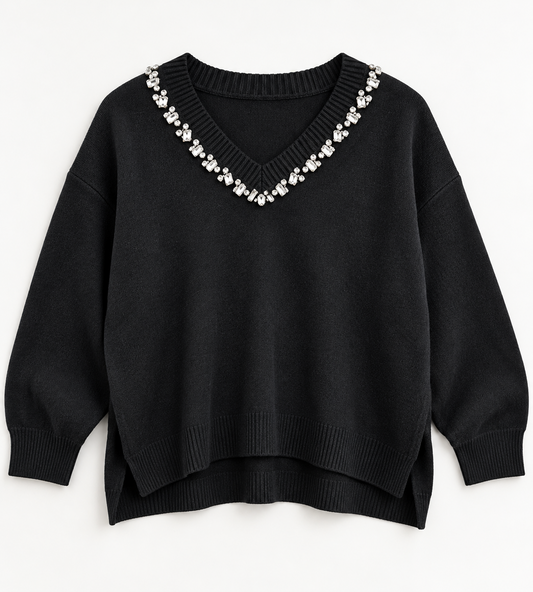 Jewel V Neck Jumper In Black