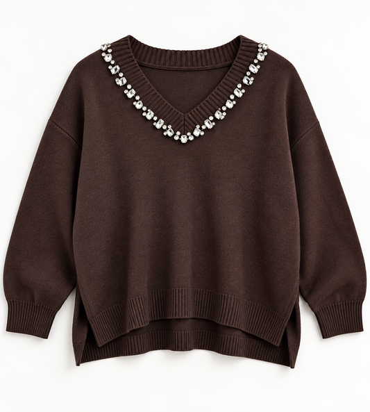 Jewel V Neck Jumper In Chocolate Brown