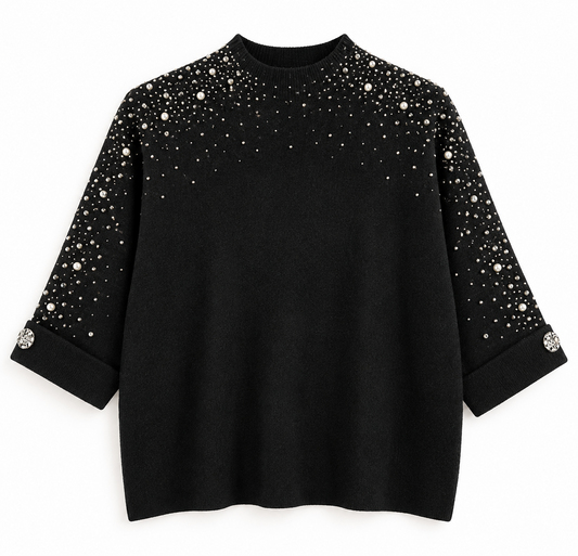 KM Embellished Shoulder Jumper In Black Creamy(Copyright )