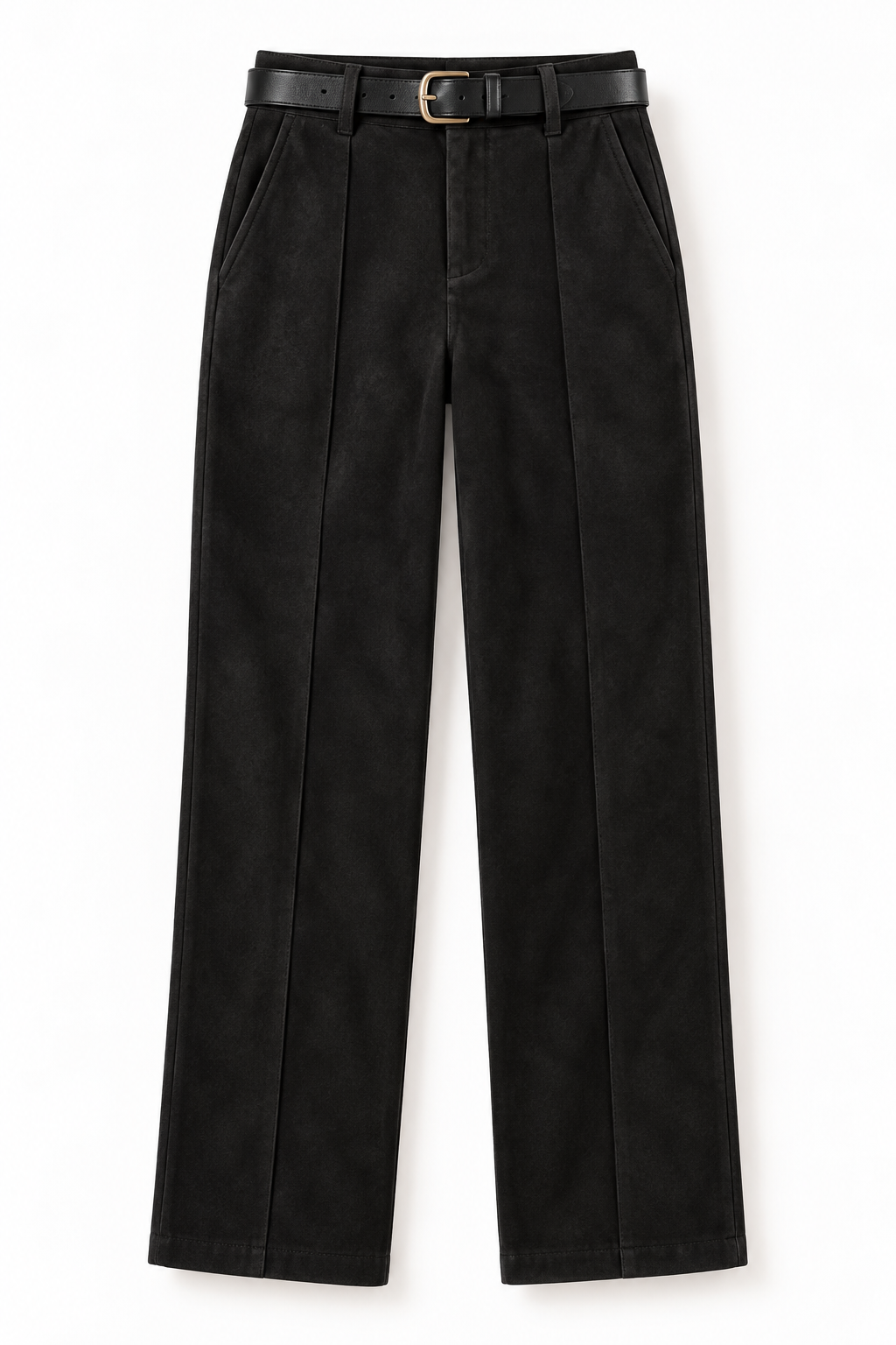 KM Suedette High Waisted Belted Straight Leg Trousers In Black