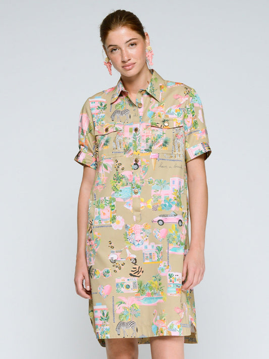 Vilagallo Shirt dress with a multicolored California print on a camel background