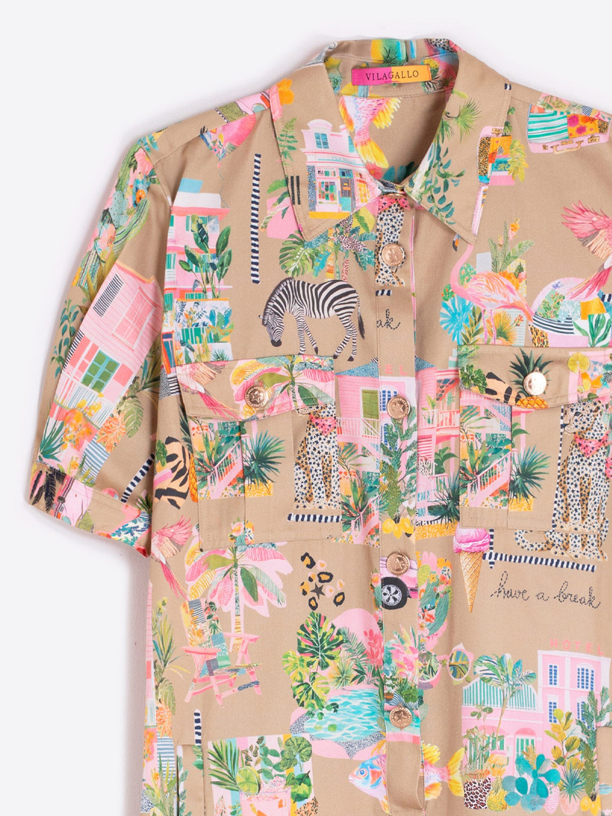 Vilagallo Shirt dress with a multicolored California print on a camel background