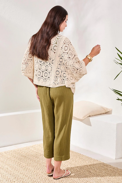 TRIBAL EMBROIDERED CROCHET 3/4 SLEEVE CARDIGAN