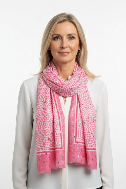 Pink Print Lightweight Scarf With Gold Flecks