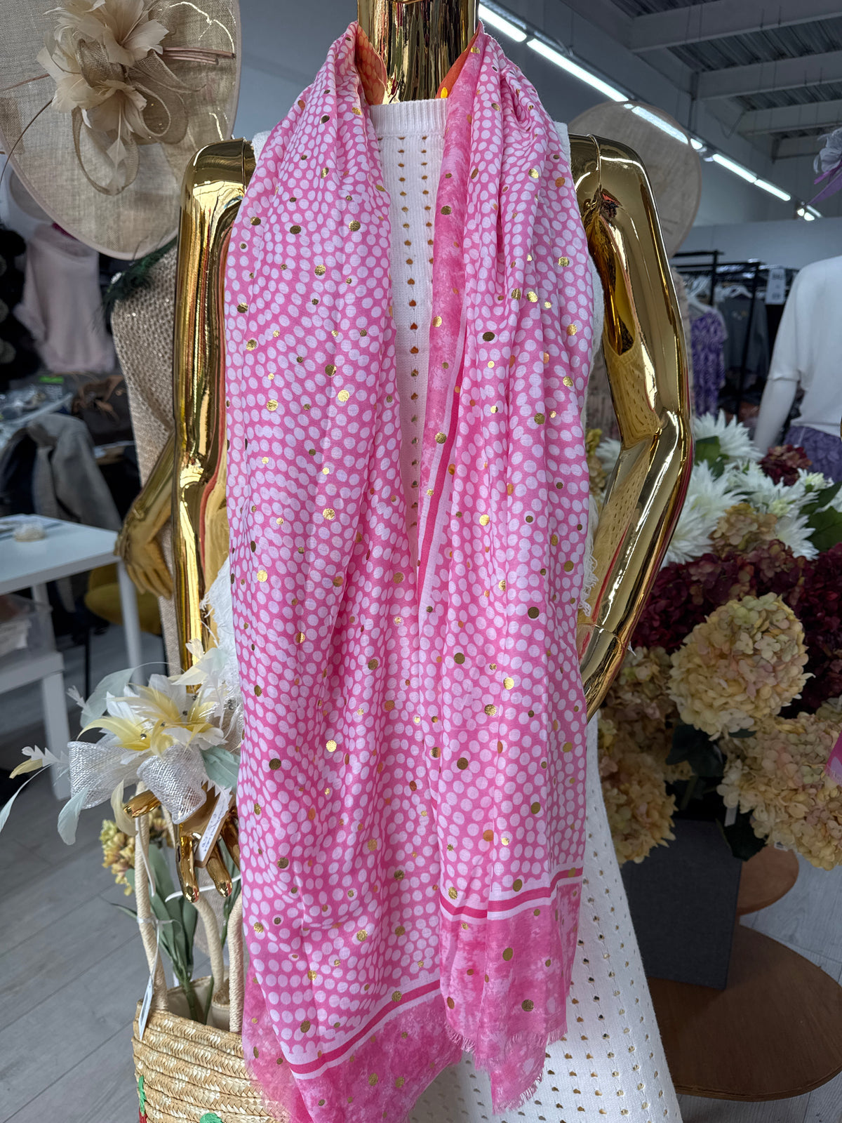 Pink Print Lightweight Scarf With Gold Flecks