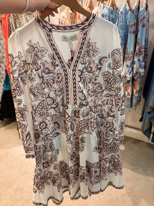 Hale Bob Pink/ Black Floral Print Jersey Tiered Dress