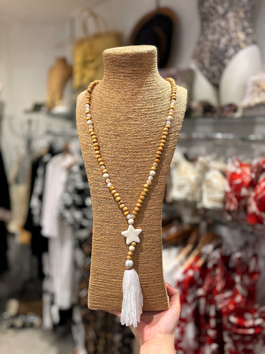 Long Wooden Bead Star Tassel Necklace