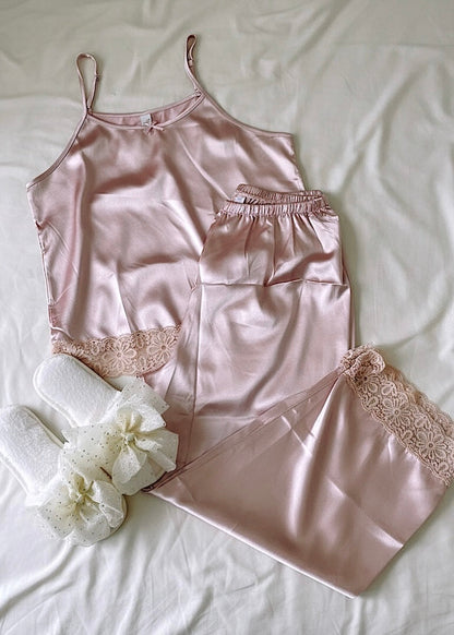 Rosette Satin Nightwear Set With Lace Trim
