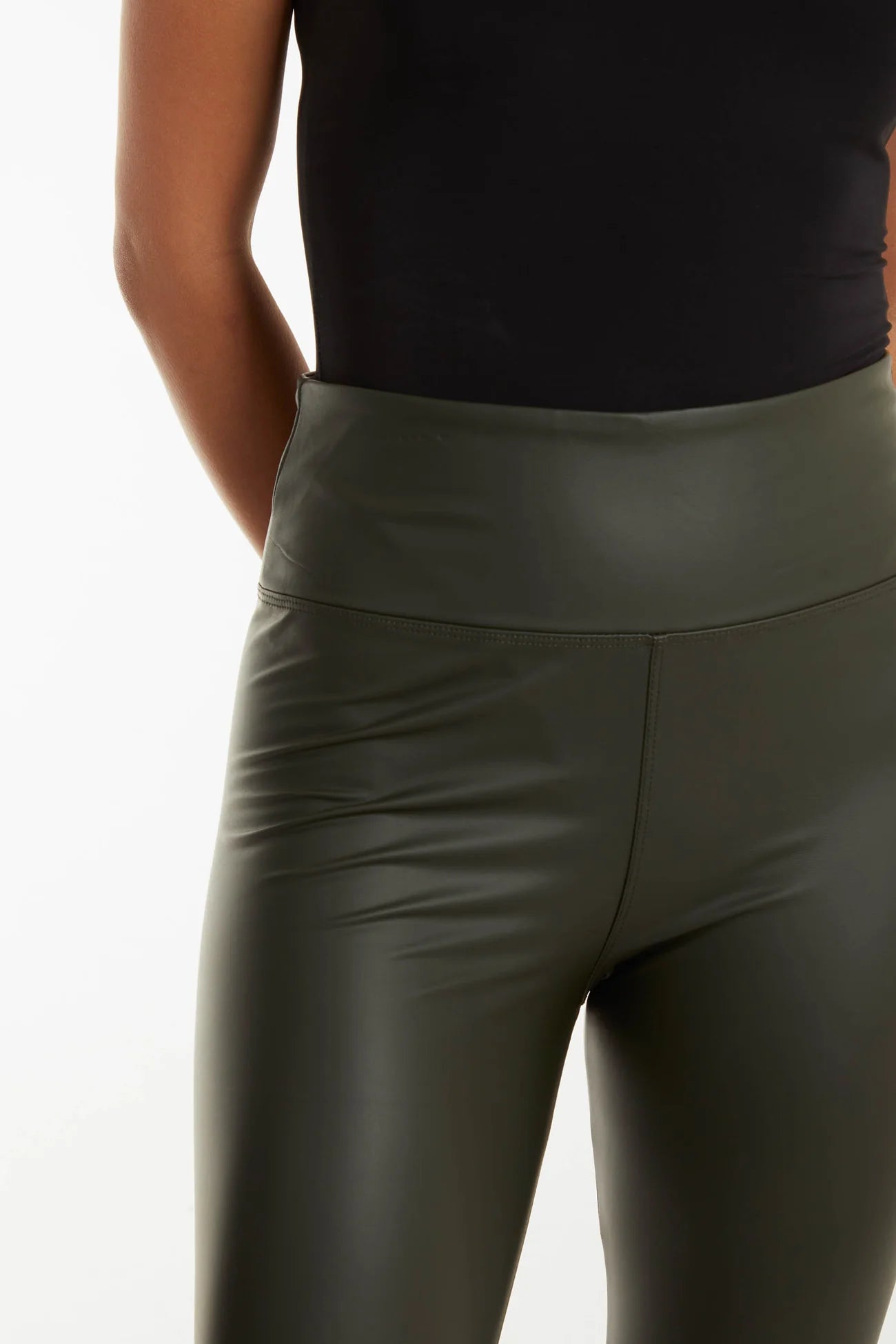 Khaki Leather Look Thick Waistband Leggings