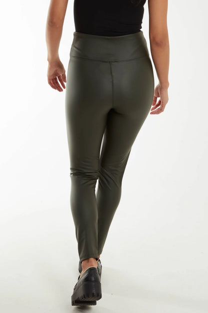 Khaki Leather Look Thick Waistband Leggings