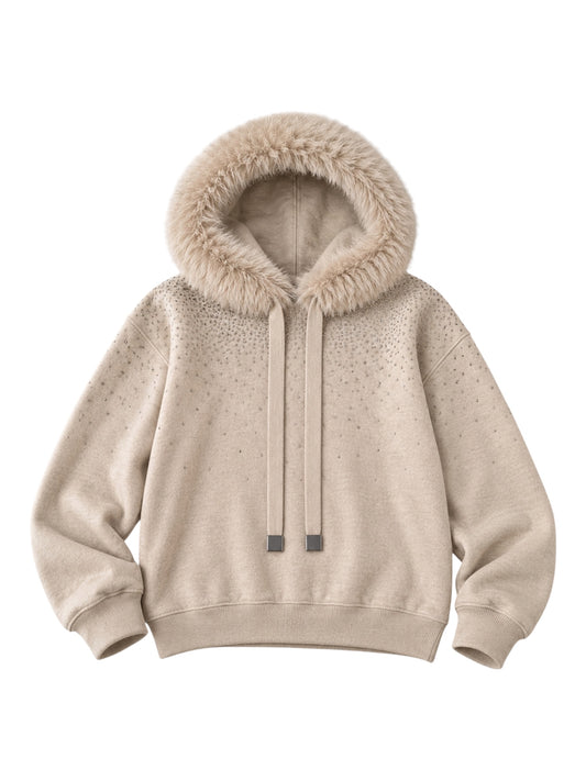 Malissa J Faux Fur Hood Sparkly Hoodie In Taupe